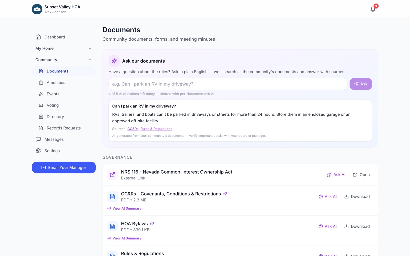 HOABase Ask-our-documents AI answering a resident question with cited sources
