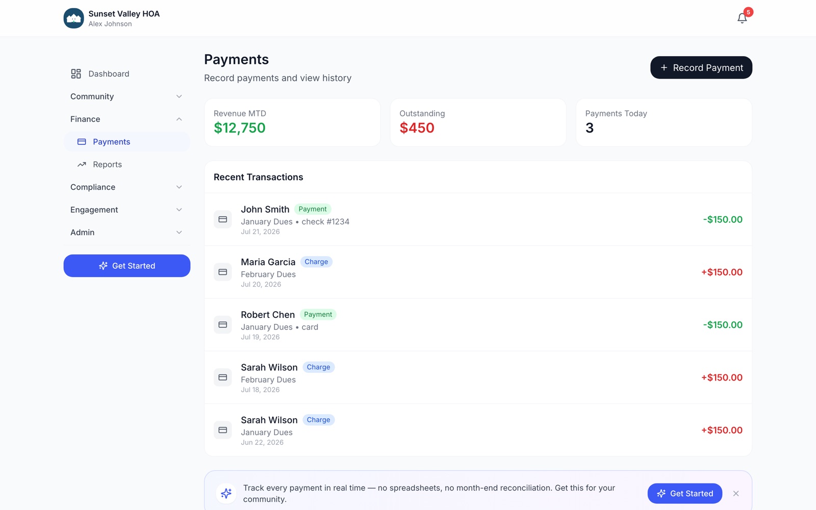 HOABase payments page showing monthly revenue, outstanding balances, and recent transactions