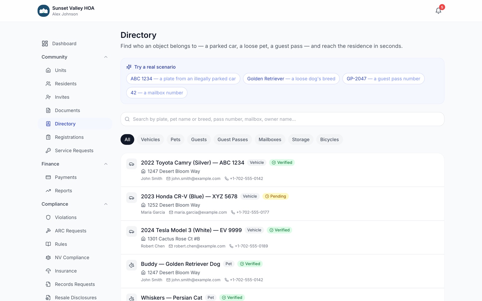 HOABase community directory searching vehicles, pets, and guest passes by keyword